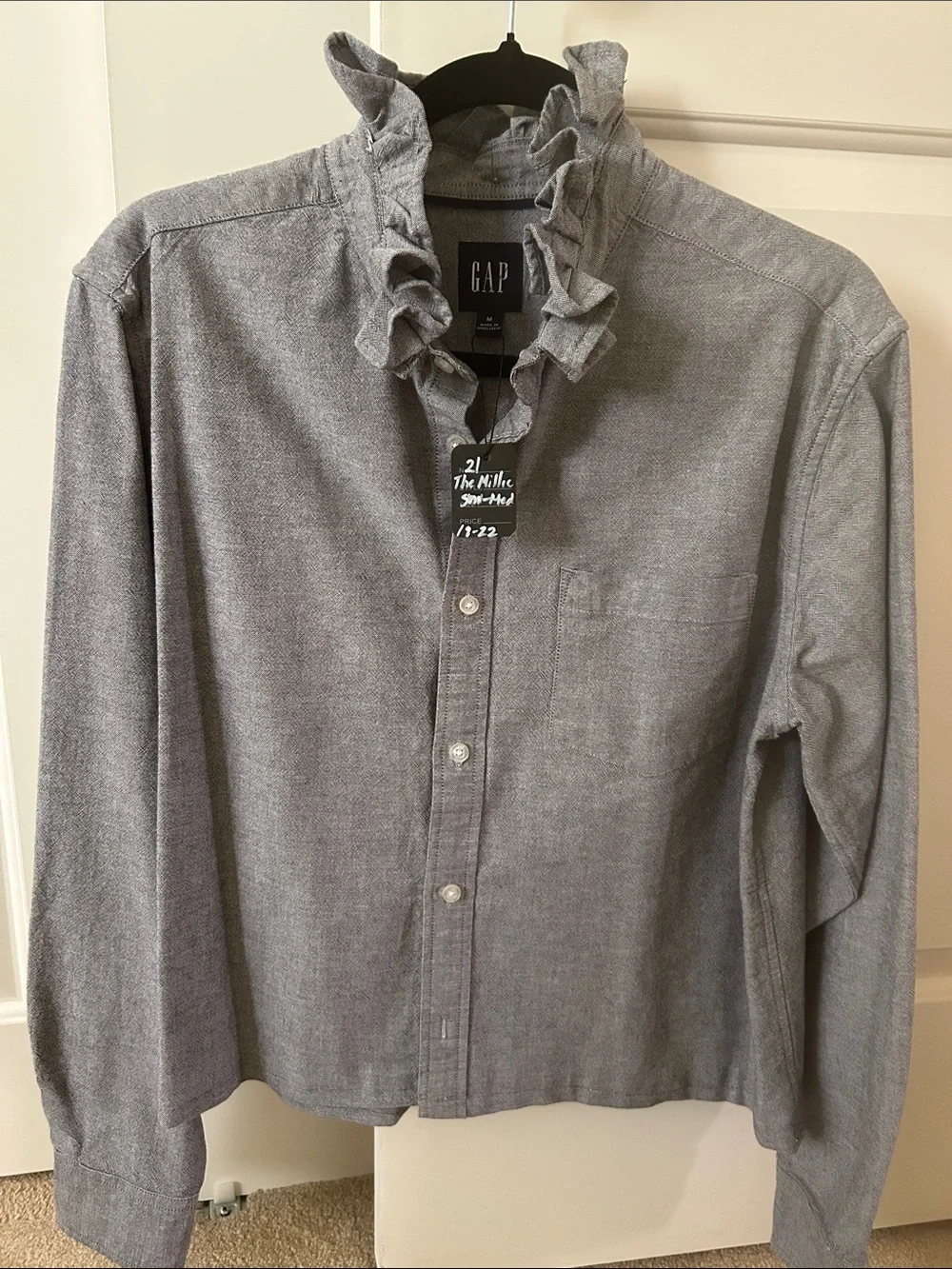 GAP Grey Button-Down Shirt recreated for a woman with a ruffled collar